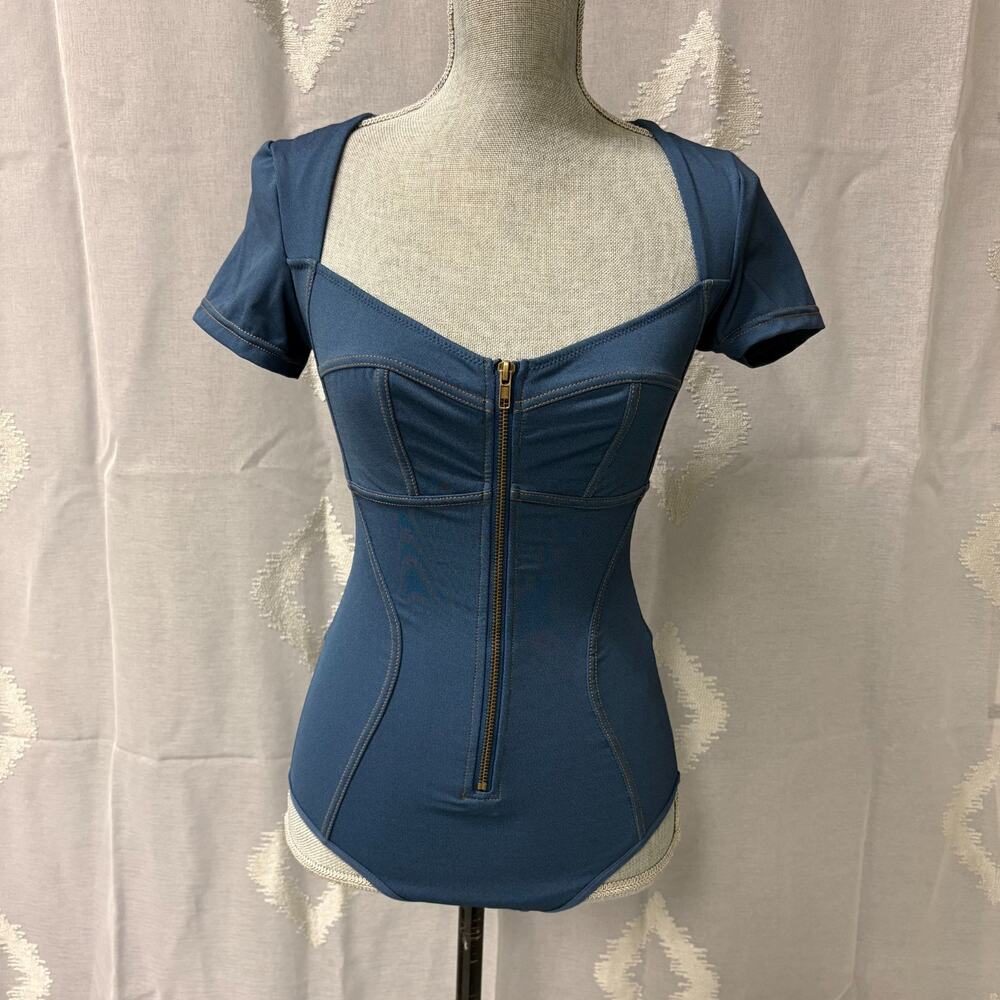 Popilush Sculpting Denim Bodysuit Zip Front Shapewear Blue Slimming Small NWT - Picture 4 of 14